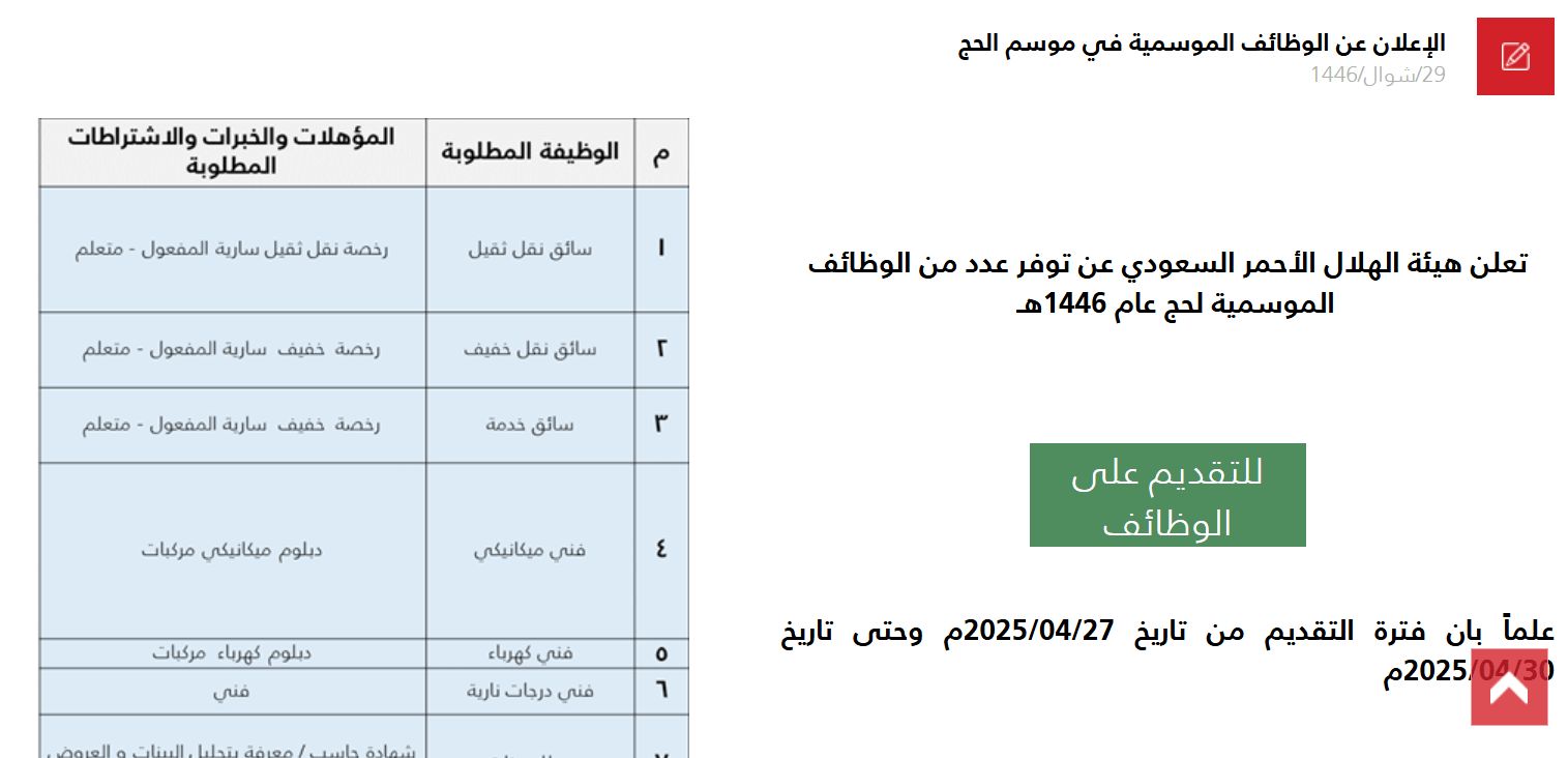 وظائف موسمية جديدة من هيئة الهلال الأحمر السعودي
