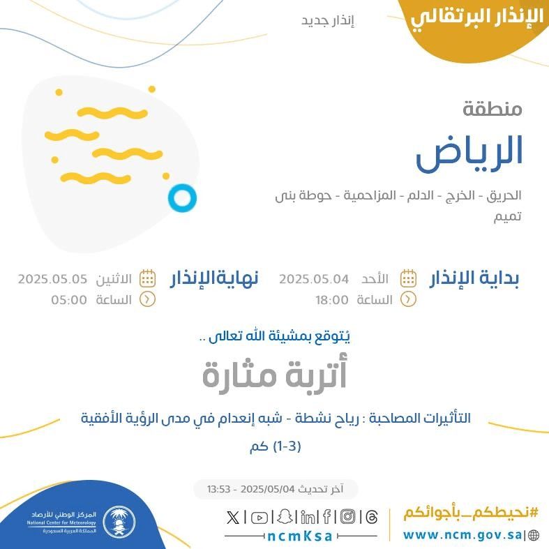 حالة الطقس اليوم الإنذار البرتقالي في الرياض