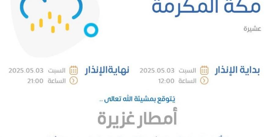 إنذار أحمر من طقس مكة.. أمطار رعدية وصواعق حتى التاسعة مساءً - عرب فايف